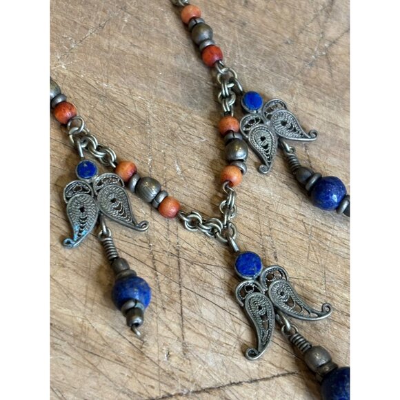 Vintage Angel Pendant Necklace With Lapis Beads & Brass Chain - Picture 3 of 16